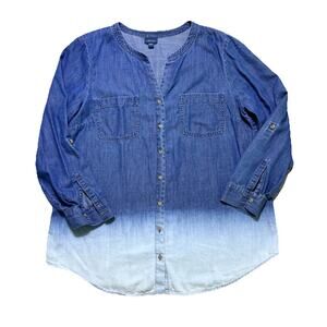 J.Jill Denim Chambray Ombre Dip Dyed Tunic Shirt L Cotton Tencell